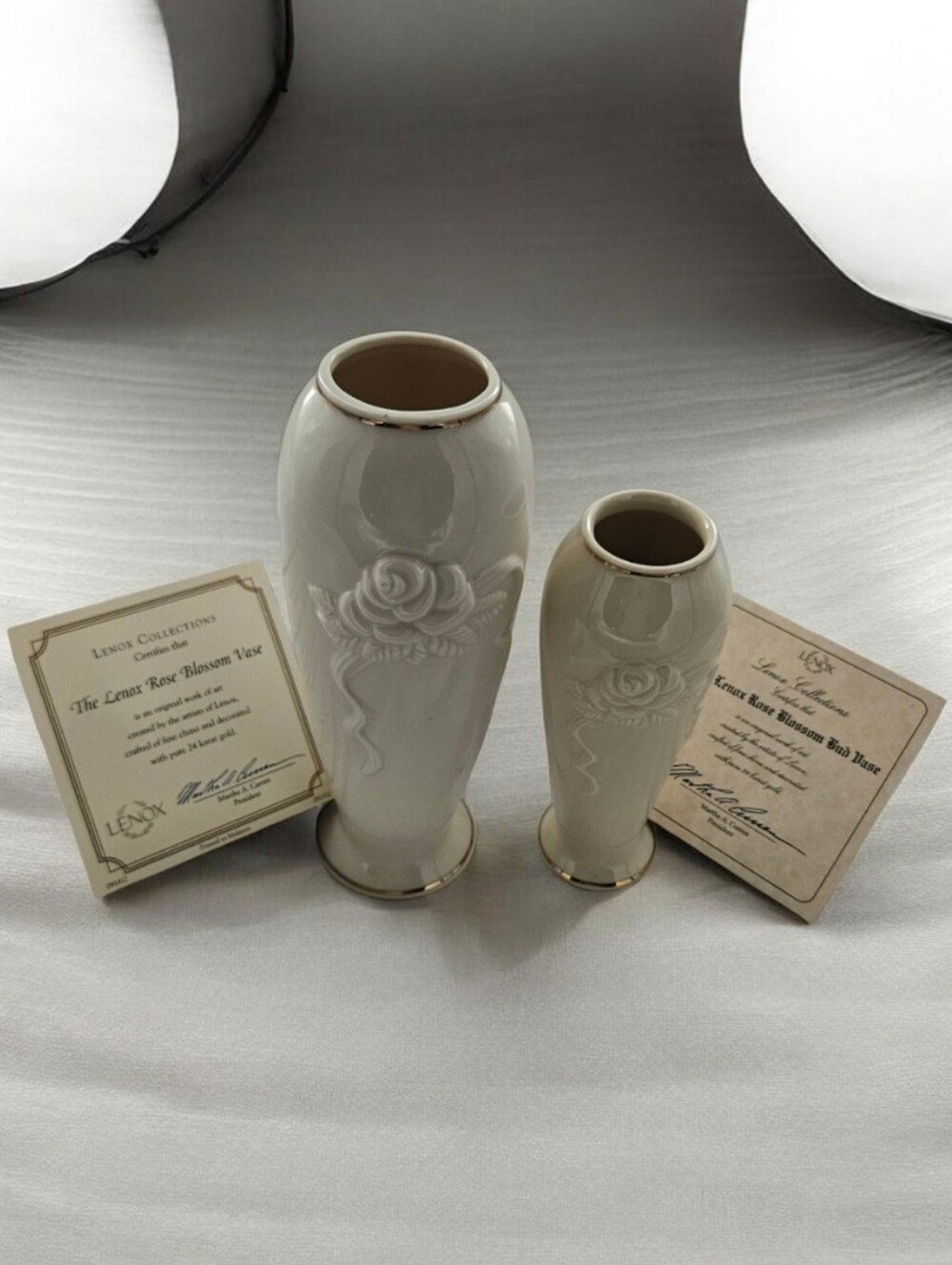 2 Pieces | Lenox Ivory and Gold | Rose Blossom Vases, Certificates, and Boxes